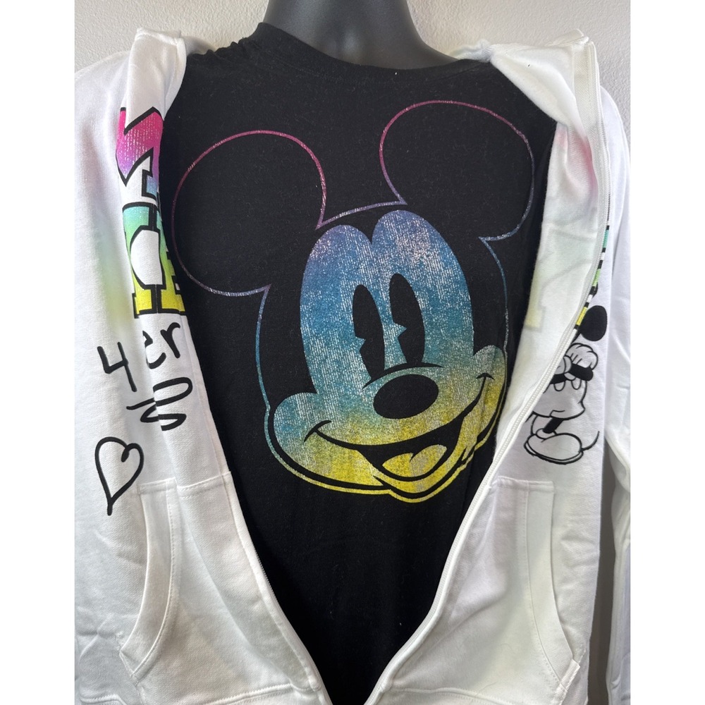 Disney‎ Mickey Mouse Hoodie Juniors XL White Rainbow Graphic Zip Up Classic